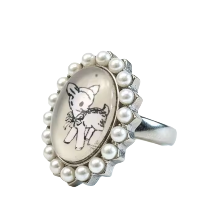 Coquette Deer Ring – Vintage Cameo Pearl Statement Jewelry