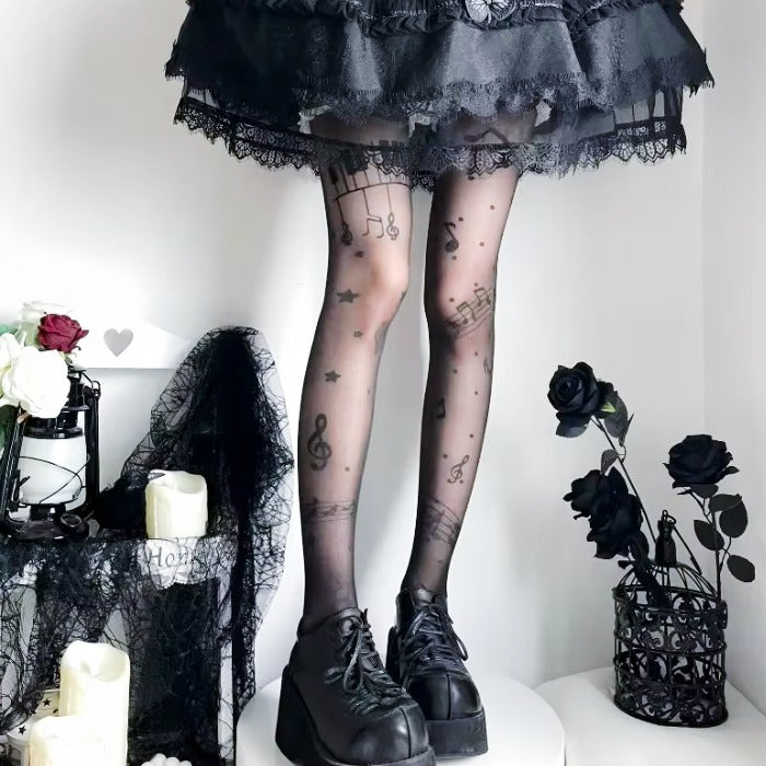 Music Note Sheer Tights - Alternative Grunge Aesthetic Tights