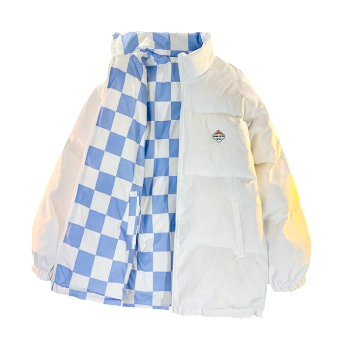white and blue Oversized Reversible Checkerboard Puffer Jacket – Y2K Winter Coat