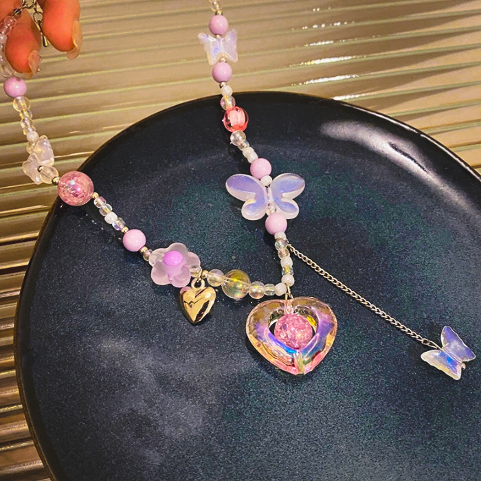Pink Heart Choker Necklace – Y2K Beaded Butterfly Aesthetic Jewelry