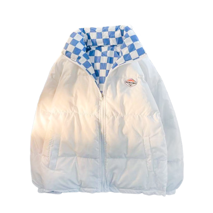 white Oversized Reversible Checkerboard Puffer Jacket – Y2K Winter Coat