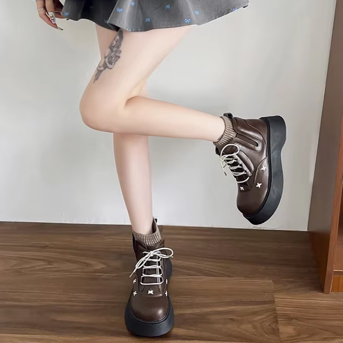 brown Preppy Platform Boots – Retro Preppy Aesthetic Ankle Shoes