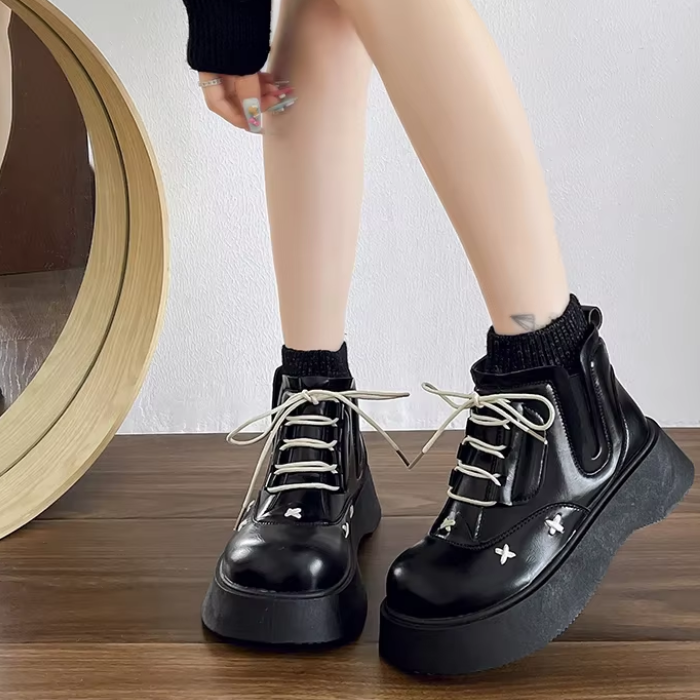 black Preppy Platform Boots – Retro Preppy Aesthetic Ankle Shoes