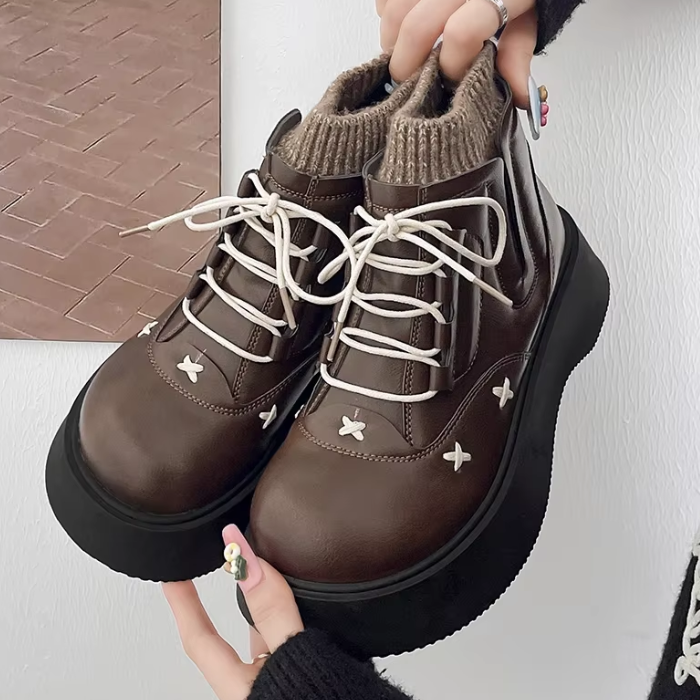brown Preppy Platform Boots – Retro Preppy Aesthetic Ankle Shoes