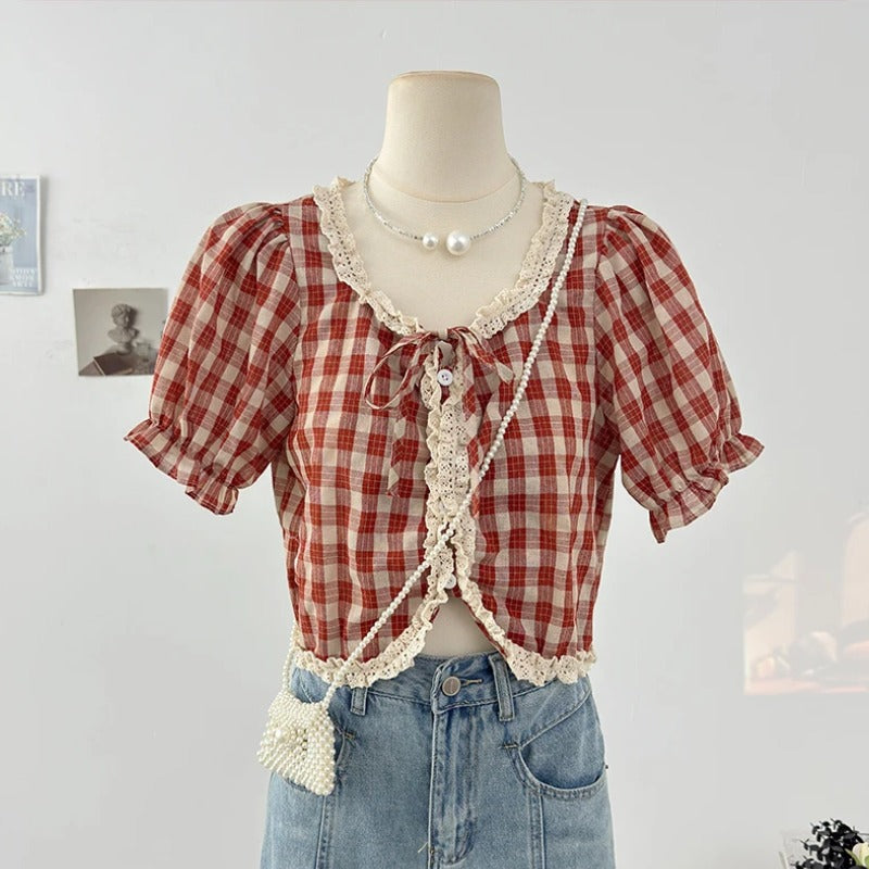 Red Cottagecore Puff Sleeve Top – Vintage Cottagecore Lace Crop Top