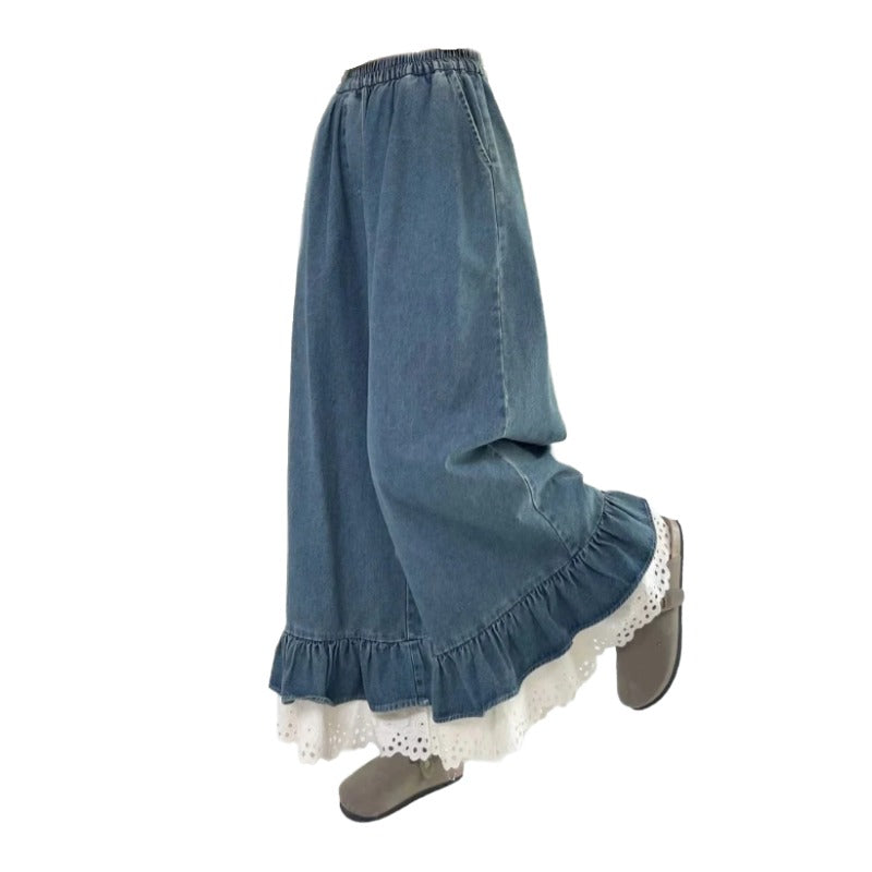 Coquette Wide Leg Jeans - Blue Ruffle Hem Oversized Trousers