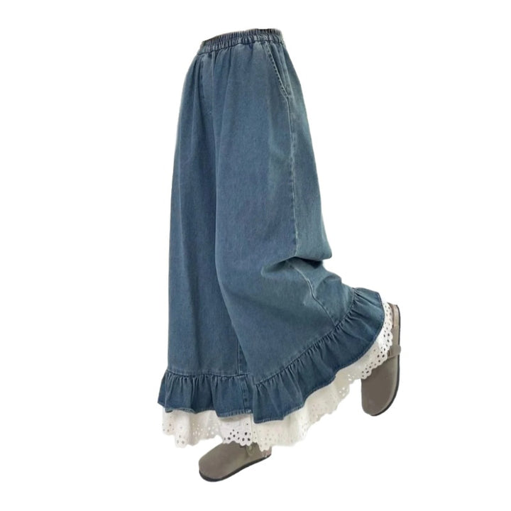 Coquette Wide Leg Jeans - Blue Ruffle Hem Oversized Trousers