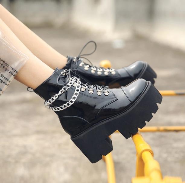 Chunky Boots With Chain | Aesthetic Grunge Boots