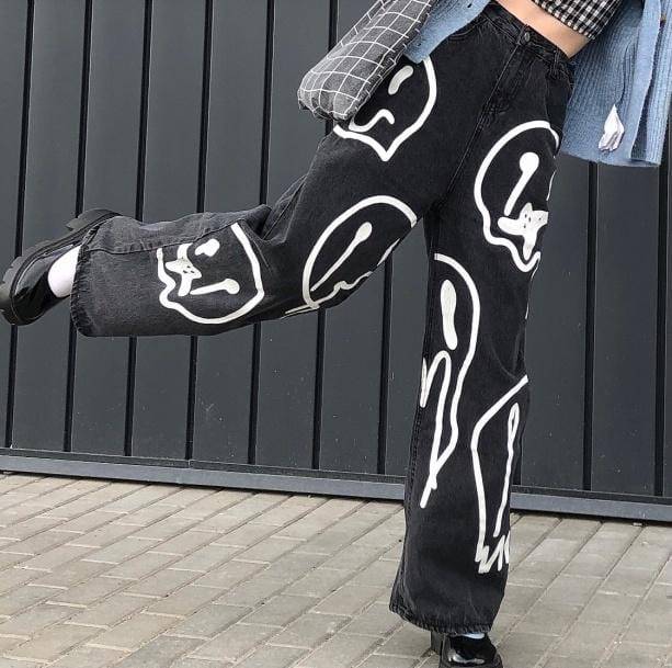 Melting Smiley Print Jeans | Aesthetic Pants