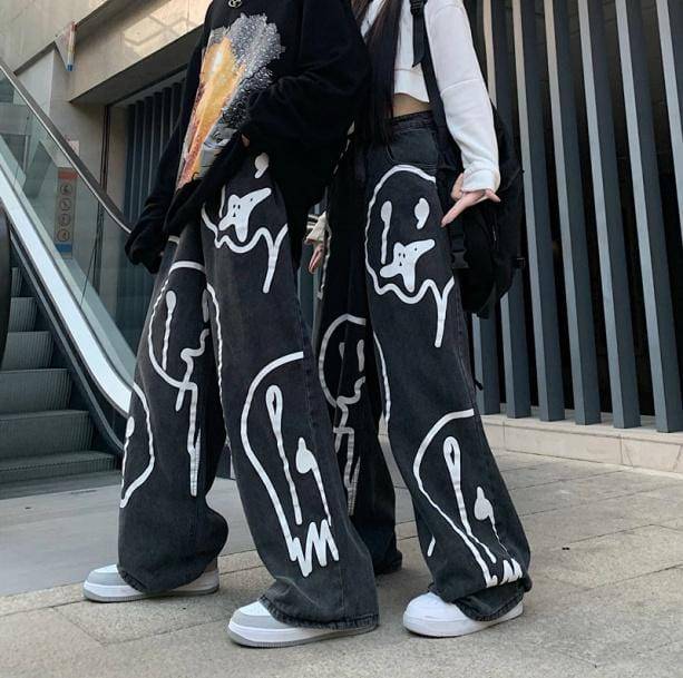 Melting Smiley Print Jeans | Aesthetic Pants