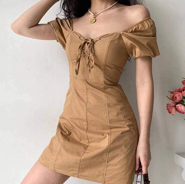 Puffy Sleeves Brown Mini Dress - All Things Rainbow