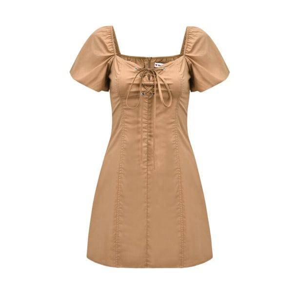 Puffy Sleeves Brown Mini Dress - All Things Rainbow
